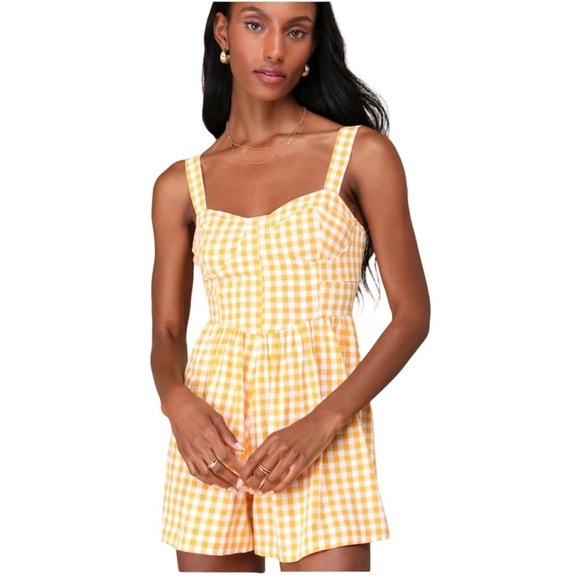 Lulus Pants - Lulu’s Precious Trend Yellow and White Gingham Bustier Romper Size Small